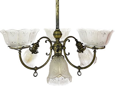 Antique Brass 6-Arm Gas and Electric Ceiling Light Fixture with Prismatic Glass Shades - Circa 1900
