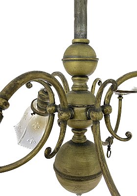 Antique Brass 6-Arm Gas and Electric Ceiling Light Fixture with Prismatic Glass Shades - Circa 1900