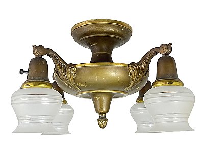 Antique Brass Colonial Revival 4-Arm Ceiling Light Fixture - Circa 1920