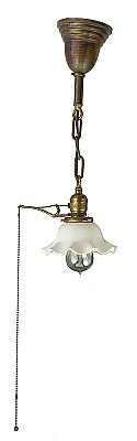 Antique Brass Pendant Ceiling Fixture with Etched Glass Shade - Circa 1910