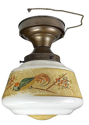 Antique Dark Bronze Ceiling Pan Fixture with Hand-Painted Shade - Circa 1920