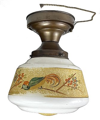 Antique Dark Bronze Ceiling Pan Fixture with Hand-Painted Shade - Circa 1920