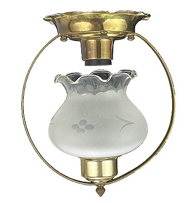 Antique Wrought Brass Ceiling Light Fixture with Frosted Shade - Circa 1950