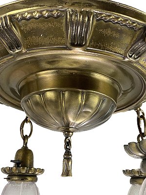 Antique Four Arm Pan Ceiling Light Fixture With Prismatic Shades - Circa 1920