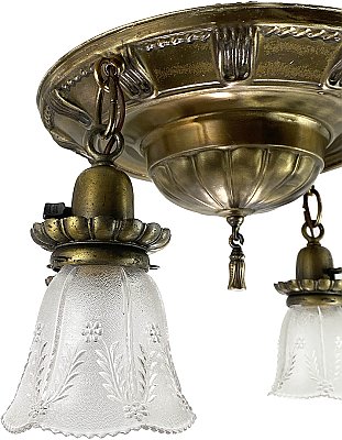 Antique Four Arm Pan Ceiling Light Fixture With Prismatic Shades - Circa 1920