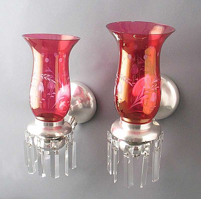 Antique Silverplate Sconces with Crystals - Pair