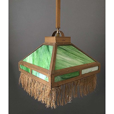 Antique Arts & Crafts Game Room Ceiling Fixture With Green Opalescent Slag Glass with Original Gold Fringe - Circa 1910