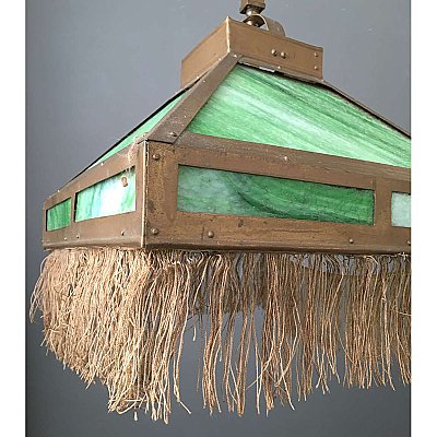 Antique Arts & Crafts Game Room Ceiling Fixture With Green Opalescent Slag Glass with Original Gold Fringe - Circa 1910