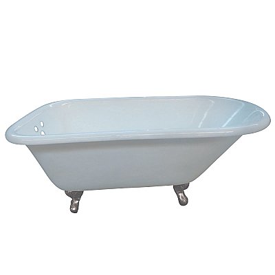 66-Inch Cast Iron Roll Top Clawfoot Tub with 3-3/8 Inch Wall Drillings, White/Brushed Nickel