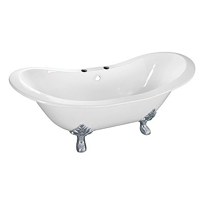 61-Inch Cast Iron Double Slipper Clawfoot Tub with 7-Inch Faucet Drillings, White/Polished Chrome
