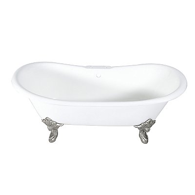 72-Inch Cast Iron Double Slipper Clawfoot Tub with 7-Inch Faucet Drillings, White/Brushed Nickel