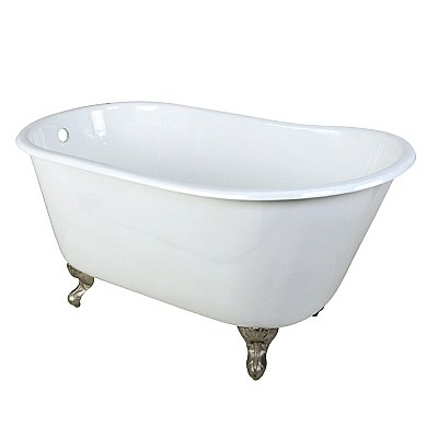 53-Inch Cast Iron Single Slipper Clawfoot Tub (No Faucet Drillings), White/Brushed Nickel