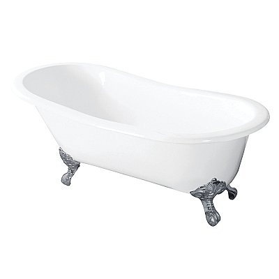 54-Inch Cast Iron Slipper Clawfoot Tub without Faucet Drillings, White/Polished Chrome