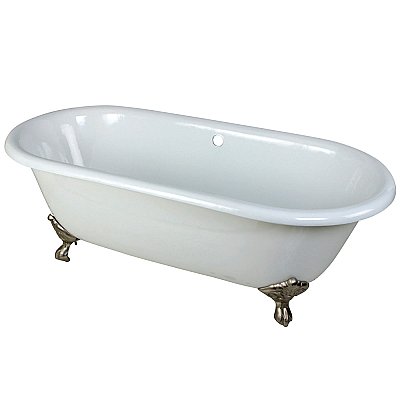 66-Inch Cast Iron Double Ended Clawfoot Tub (No Faucet Drillings), White/Brushed Nickel