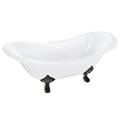 61-Inch Cast Iron Double Slipper Clawfoot Tub (No Faucet Drillings), White/Oil Rubbed Bronze