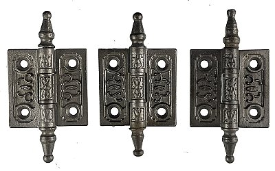 Set of Three Antique 2"  x 2" Cast Iron Cabinet Butt Hinge - Steeple Tip - Circa 1870