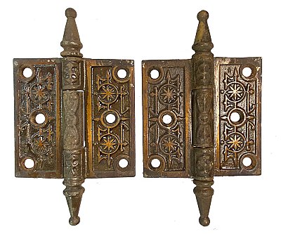 Pair of Antique Cast Iron Steeple Tip 3" x 3" Butt Hinges - Circa 1880