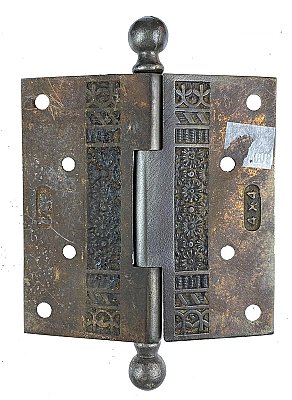 Antique 4" x 4" Cast Iron Ball Tip Door Hinge in "Floral" Design by Penn Hardware - Circa 1907