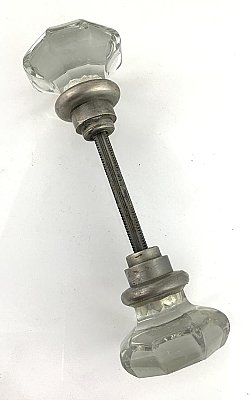 Antique 8-Point Octagon Crystal / Glass Door Knob Pair - Nickel Neck