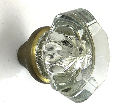 Antique Petite Octagonal or 8-Point Crystal / Glass Door Knob Single - Brass Neck