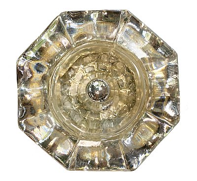 Antique 8-Point Octagon Crystal / Glass Door Knob Pair - Nickel Neck With Mercury Bubble Center - Circa 1900