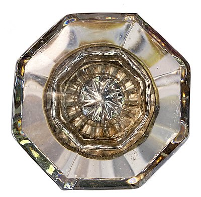 Antique 8-point Octagonal Clear Glass Door Knob Pair - Bronze Neck - Circa 1900