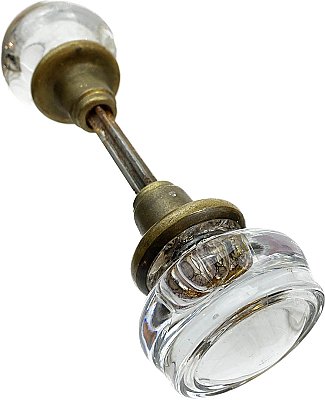 Antique Round Crystal / Glass Door Knob Pair with Convex Face - Bronze Neck - Circa 1910