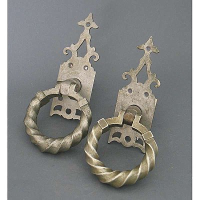 Antique Pair of Gothic Revival Nickel Plated Ring Door Pulls and Escutcheons - Circa 1880