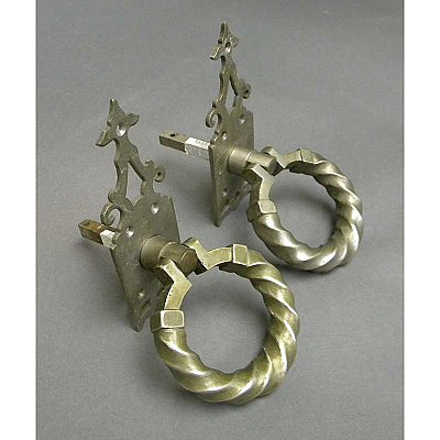 Antique Pair of Gothic Revival Nickel Plated Ring Door Pulls and Escutcheons - Circa 1880