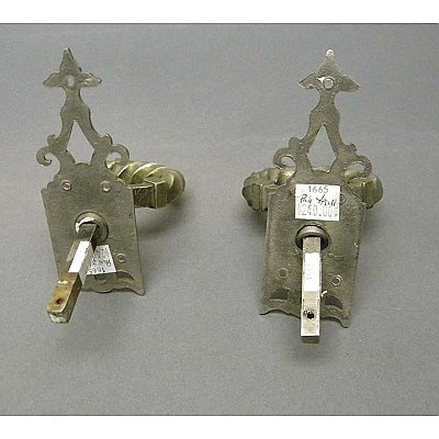 Antique Pair of Gothic Revival Nickel Plated Ring Door Pulls and Escutcheons - Circa 1880