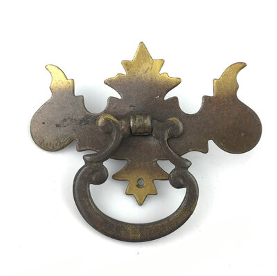 Antique Pair of Colonial Revival Chippendale Style Antique Brass Finish Drawer Ring Pulls - Center Post Mount