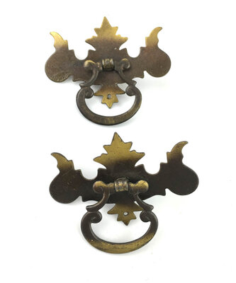 Antique Pair of Colonial Revival Chippendale Style Antique Brass Finish Drawer Ring Pulls - Center Post Mount