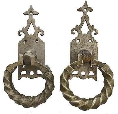 Antique Pair of Gothic Revival Nickel Plated Ring Door Pulls and Escutcheons - Circa 1880