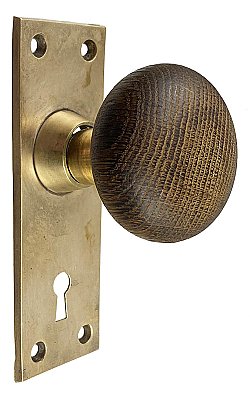 Antique Cast Bronze and Oak Wood Door Knob and Plate Set by Chicago Hardware Co. - Circa 1888
