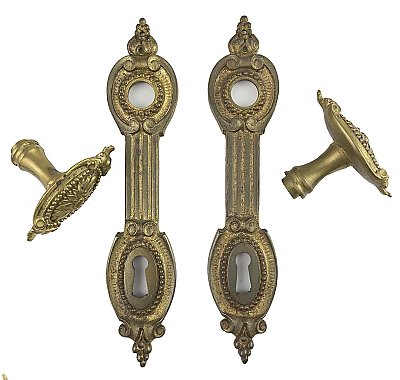 Antique Cast Bronze Belgian French Renaissance Door Knob and Plates Set - Circa 1890