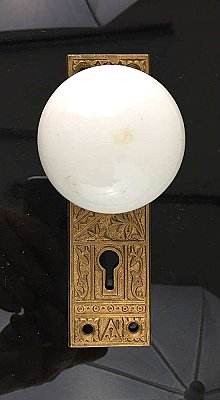 Antique Porcelain Knobs & Eastlake "Arcadia" Door Plate Set