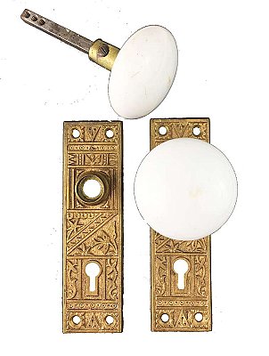 Antique Porcelain Knobs & Eastlake "Arcadia" Door Plate Set