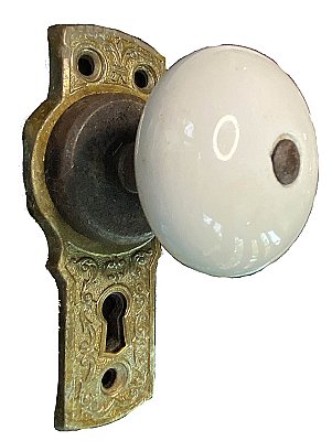 Antique Gilbert Lock Co. White Porcelain Door Knob and Bronze Plate - Circa 1875