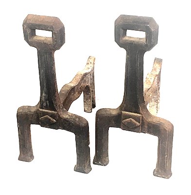 Antique Cast Iron Arts & Crafts Fireplace Andirons - Circa 1910