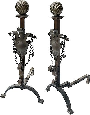 Antique Pair of Bronze & Iron Arts & Crafts Fireplace Andirons - Circa 1910