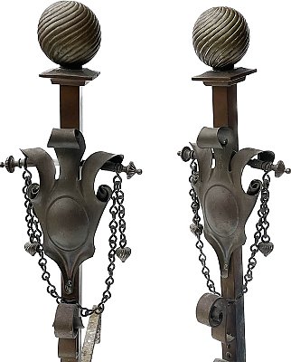 Antique Pair of Bronze & Iron Arts & Crafts Fireplace Andirons - Circa 1910