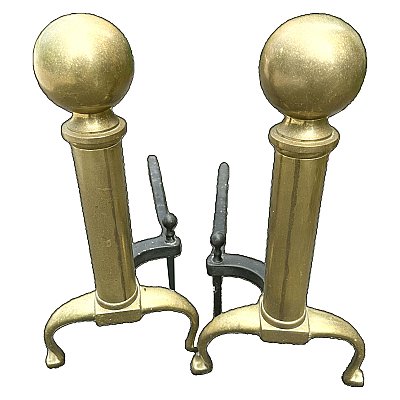 Antique Pair of Cast Brass Colonial Style Fireplace Andirons - Circa 1920