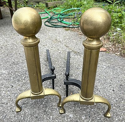 Antique Pair of Cast Brass Colonial Style Fireplace Andirons - Circa 1920
