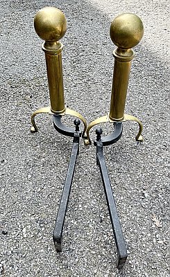 Antique Pair of Cast Brass Colonial Style Fireplace Andirons - Circa 1920