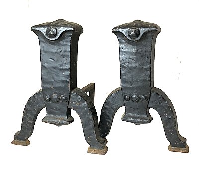 Pair of Antique "Peerless" Iron Hammered Finish Arts & Crafts Fireplace Andirons