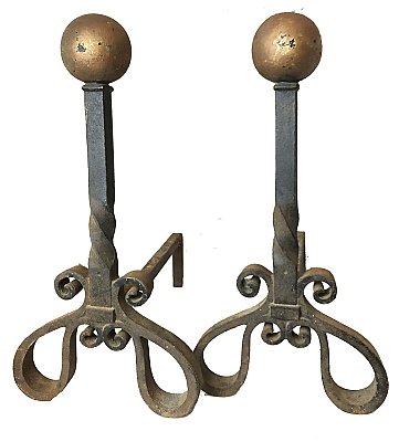 Antique Pair of "Bradley & Hubbard" Wrought Iron Antique Fireplace Andirons