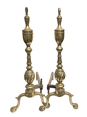 Antique Pair of Solid Brass Colonial Revival Style Fireplace Andirons