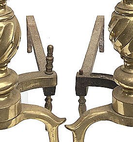 Antique Pair of Solid Brass Colonial Revival Style Fireplace Andirons