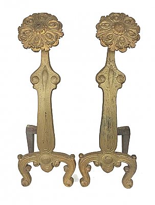 Antique Pair of Iron Art Nouveau Style Fireplace Andirons