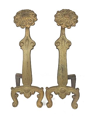 Antique Pair of Iron Art Nouveau Style Fireplace Andirons